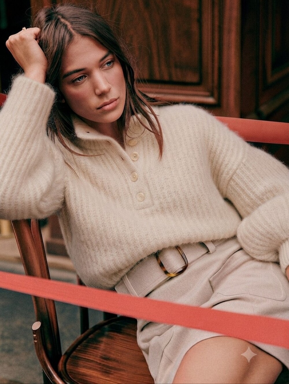 Sezane Cream Button-Placket Ribbed Turtleneck Sweater
